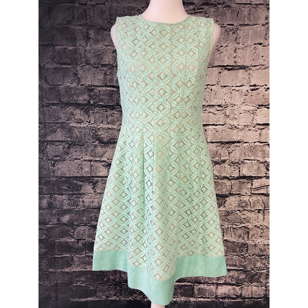 Eliza J Dress Womens 4 Green Geometric Lace Fit Flare Sleeveless Knee Length